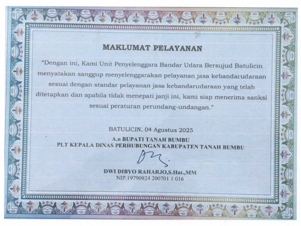 Maklumat Pelayanan UPTD Bandar Udara Bersujud Batulicin